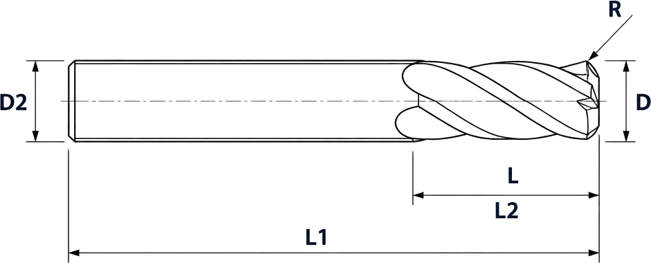 Uncoated Aluminium Corner Radius End Mill dimensional drawing
