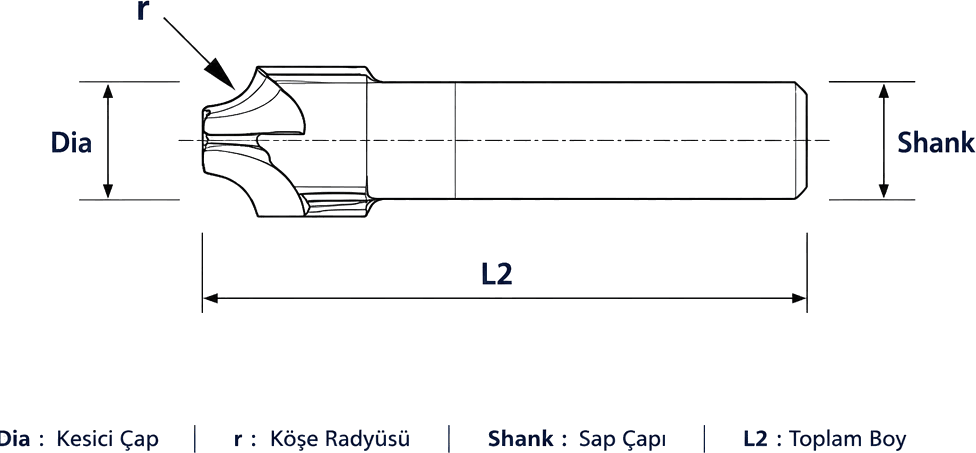 HRC55 TiAlN Inner Corner Radius Cutter dimensional drawing